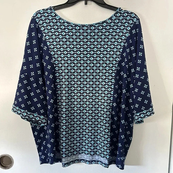 Chico's Tops - Chicos Blouse Womens Size 3 XL Top 3/4 Sleeve Blue Geometric Business Office